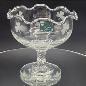 Vintage Eamon Glass Irish Crystal Pedestal Compote /Candy Dish Etched Shamrocks